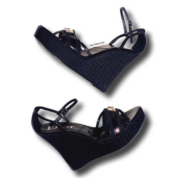 DIOR Black Diorissimo Oblique Monogram Trotter Logo Platform Sandal Wedge Heels - Picture 6 of 11
